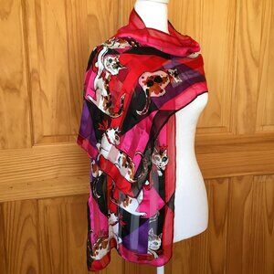 Vintage Bob Mackie “Calico Girls” Silk Scarf – 1990s Cat Print, 13x62”